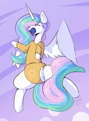 Size: 942x1280 | Tagged: suggestive, artist:maynara, derpibooru import, princess celestia, alicorn, pony, abstract background, both cutie marks, clothes, diaper, diaper fetish, eyes closed, fetish, image, jpeg, lying down, onesie, pacifier, poofy diaper, princess luna's cutie mark, solo, spread legs, spread wings, spreading, wings