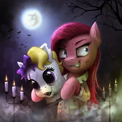 Size: 1800x1800 | Tagged: semi-grimdark, artist:magfen, derpibooru import, pinkie pie, bat, blood, candelabra, clothes, creepy, creepy smile, fangs, full moon, g3.5, halloween, holiday, image, lab coat, mare in the moon, mask, missing teeth, moon, night, noose, pinkamena diane pie, png, smiling, solo