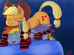 Size: 2048x1536 | Tagged: suggestive, derpibooru import, applejack, rainbow dash, bat pony, earth pony, pegasus, pony, ambiguous penetration, blushing, clothes, eyes closed, female, futa, futa applejack, futa on female, image, implied futa, intersex, png, sex, smiling, socks