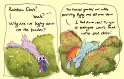 Size: 3600x2300 | Tagged: safe, artist:adamscage, derpibooru import, rainbow dash, twilight sparkle, twilight sparkle (alicorn), alicorn, pegasus, bush, chillaxing, comic, dialogue, eyes closed, image, lying down, on back, png, prone, resting, scrubs, simple background, tan background, upside down, wings