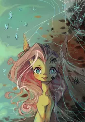 Size: 700x1000 | Tagged: safe, artist:duckjifs246, derpibooru import, fluttershy, butterfly, insect, pony, spider, bust, female, full face view, image, leaves, long ears, looking at you, mare, open mouth, open smile, png, portrait, sitting, smiling, solo, spider web, stray strand