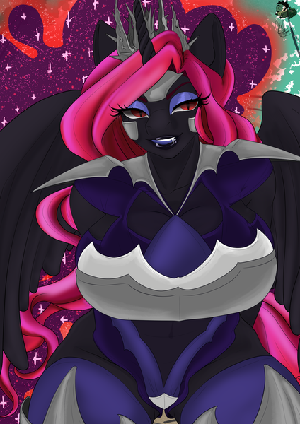 Size: 2480x3508 | Tagged: semi-grimdark, suggestive, artist:gabocomics, derpibooru import, oc, oc:scarlet, alicorn, anthro, alternate character design, alternate universe, armor, big breasts, black lipstick, black skin, breasts, commission, crown, cruel, dark skin, evil, evil grin, grin, image, jagged crown, jewelry, lipstick, makeup, nightmare, nightmare night, png, pointed teeth, red eyes, red hair, regalia, slitted eyes, smiling, solo, story included, this will end in death, this will end in pain, this will end in pain and/or death, this will end in rape, this will end in tears, this will end in tears and/or death, ych result