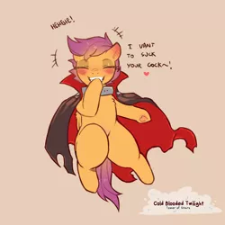 Size: 1200x1200 | Tagged: suggestive, artist:cold-blooded-twilight, derpibooru import, scootaloo, pegasus, pony, undead, vampire, blushing, blushing profusely, cape, chest fluff, clothes, collar, costume, dialogue, ear blush, eyes closed, eyeshadow, female, filly, halloween, heart, holiday, image, laughing, makeup, png, simple background, slave collar, solo, suggestive dialogue, underhoof, wide hips