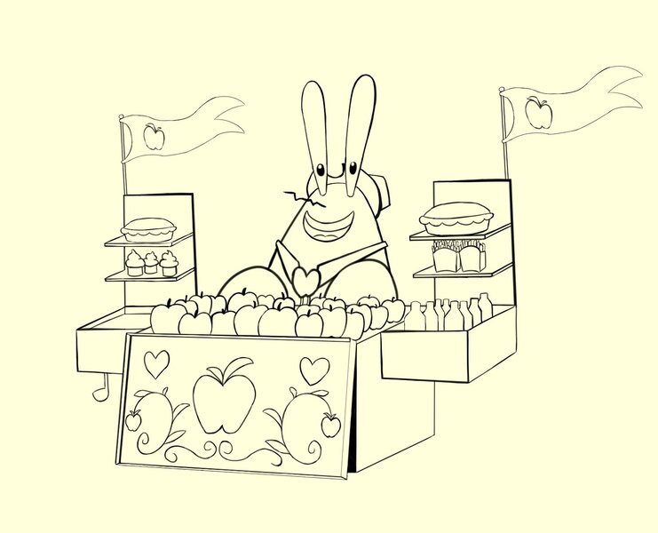 Size: 1532x1241 | Tagged: safe, artist:flutterfigle, derpibooru import, applejack, crab, earth pony, pony, the best night ever, apple, apple fries, apple pie, apple stand, crossdressing, crossover, food, image, jpeg, male, monochrome, mr. krabs, pie, spongebob squarepants