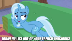 Size: 1280x720 | Tagged: safe, derpibooru import, edit, edited screencap, editor:jaredking203, screencap, trixie, pony, unicorn, road to friendship, season 8, spoiler:s08, caption, couch, draw me like one of your french girls, female, image, image macro, lying down, mare, meme, png, prone, solo, text