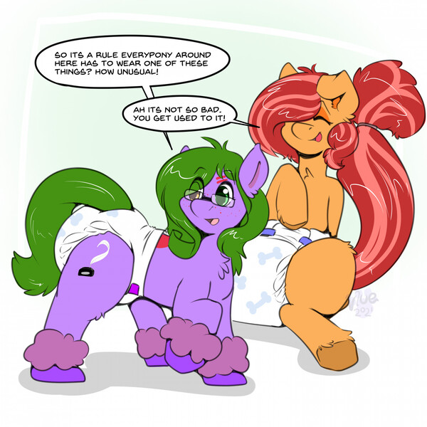 Size: 1280x1280 | Tagged: suggestive, artist:maynara, derpibooru import, oc, oc:peaches(maynara), unofficial characters only, earth pony, pony, diaper, diaper fetish, eye clipping through hair, eyes closed, female, fetish, fetlock tuft, glasses, green mane, heterochromia, image, jpeg, mare, non-baby in diaper, open mouth, poofy diaper, smiling, speech bubble, tail tie, unshorn fetlocks