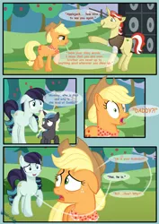 Size: 1280x1811 | Tagged: safe, artist:tenderrain-art, derpibooru import, applejack, coloratura, flim, oc, oc:melody (tenderrain-art), pony, unicorn, comic:rara's love, comic, female, filly, granny smith's shawl, image, jpeg, offspring, parent:coloratura, parent:flim, rara