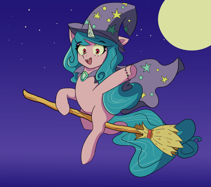 Size: 2258x1998 | Tagged: safe, artist:artiks, derpibooru import, izzy moonbow, pony, unicorn, my little pony: a new generation, broom, cape, clothes, flying, flying broomstick, g5, hat, image, png, solo, trixie's cape, trixie's hat, witch