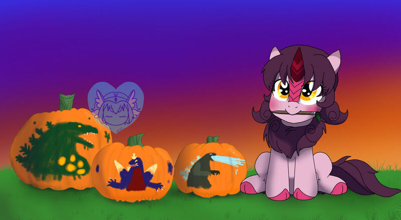 Size: 1024x562 | Tagged: safe, artist:fallenangel5414, derpibooru import, oc, oc:ayako, kirin, biollante, cute, godzilla, godzilla (series), image, jpeg, paintbrush, pumpkin, spacegodzilla