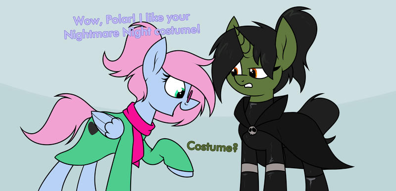 Size: 2025x980 | Tagged: safe, artist:moonatik, derpibooru import, oc, oc:grim fate, unnamed oc, unofficial characters only, pegasus, pony, unicorn, abstract background, boots, cape, clothes, costume, deltarune, female, horn, image, mare, nightmare night costume, pegasus oc, png, ponytail, ralsei, scarf, shoes, unicorn oc, wings
