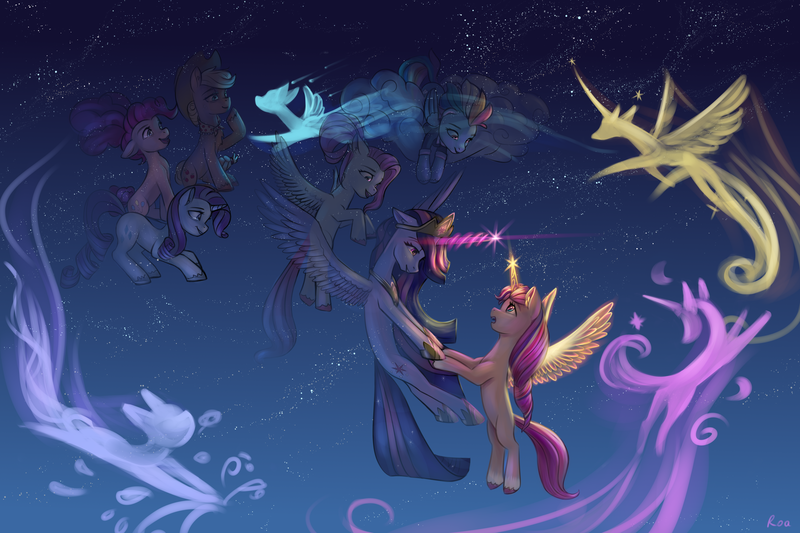 Size: 9000x6000 | Tagged: safe, artist:roadsleadme, derpibooru import, applejack, fluttershy, pinkie pie, rainbow dash, rarity, sunny starscout, twilight sparkle, alicorn, earth pony, pegasus, unicorn, my little pony: a new generation, the last problem, spoiler:my little pony: a new generation, absurd file size, absurd resolution, artificial wings, augmented, g5, glow, glowing horn, horn, image, magic, magic horn, magic wings, mane six, older, older applejack, older fluttershy, older mane six, older pinkie pie, older rainbow dash, older rarity, older twilight, open mouth, png, sunnycorn, wings