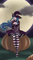 Size: 1024x1816 | Tagged: safe, artist:bunnynha, derpibooru import, izzy moonbow, anthro, unicorn, my little pony: a new generation, breasts, busty izzy moonbow, cleavage, clothes, costume, full moon, g5, halloween, halloween costume, hat, holiday, image, jpeg, moon, obtrusive watermark, pumpkin, socks, striped socks, watermark, witch costume, witch hat