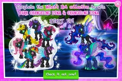 Size: 1346x892 | Tagged: safe, derpibooru import, official, screencap, applejack, fluttershy, pinkie pie, princess luna, rainbow dash, rarity, twilight sparkle, changedling, changeling, changedlingified, changelingified, female, gameloft, image, limited-time story, mane six, png, species swap