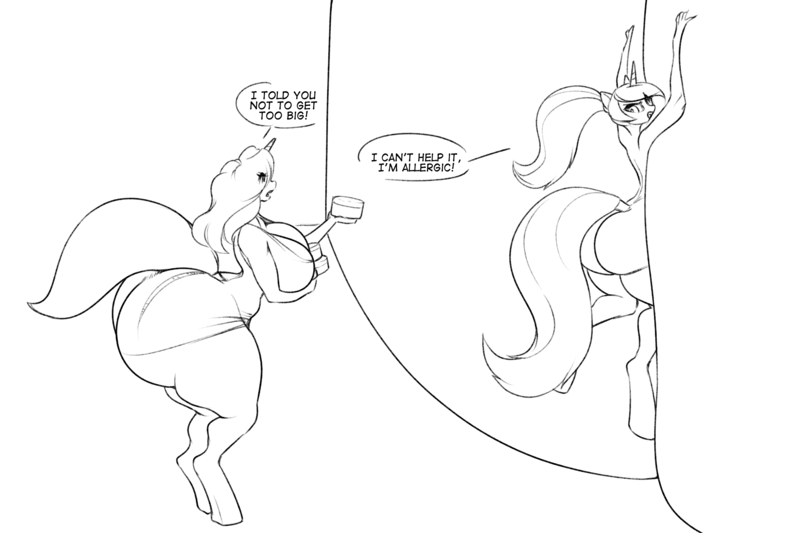 Size: 3000x2000 | Tagged: questionable, artist:moonlitbrush, derpibooru import, oc, oc:white heart, unofficial characters only, anthro, unguligrade anthro, unicorn, allergies, ass, big breasts, breasts, butt, dialogue, disproportional anatomy, duo, duo female, female, females only, fun paste, huge breasts, huge butt, hyper, hyper breasts, hyper butt, image, impossibly large breasts, impossibly large butt, large butt, looking back, monochrome, open mouth, png, ponytail