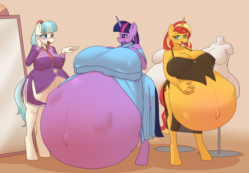 Size: 2780x1937 | Tagged: questionable, artist:puetsua, derpibooru import, coco pommel, sunset shimmer, twilight sparkle, anthro, earth pony, unguligrade anthro, unicorn, areola, belly, belly bumps, belly button, big belly, big breasts, breasts, busty coco pommel, busty sunset shimmer, busty twilight sparkle, clothes, coco preggo, dress, ear piercing, earring, female, females only, flower, flower in hair, huge belly, huge breasts, hyper, hyper belly, hyper pregnancy, image, impossibly large belly, impossibly large breasts, jewelry, mannequin, mirror, necktie, negligee, nipples, nudity, open mouth, open smile, outie belly button, piercing, png, preglight sparkle, pregnant, puffy areolas, see-through, skirt, smiling, sunset preggers, wavy mouth
