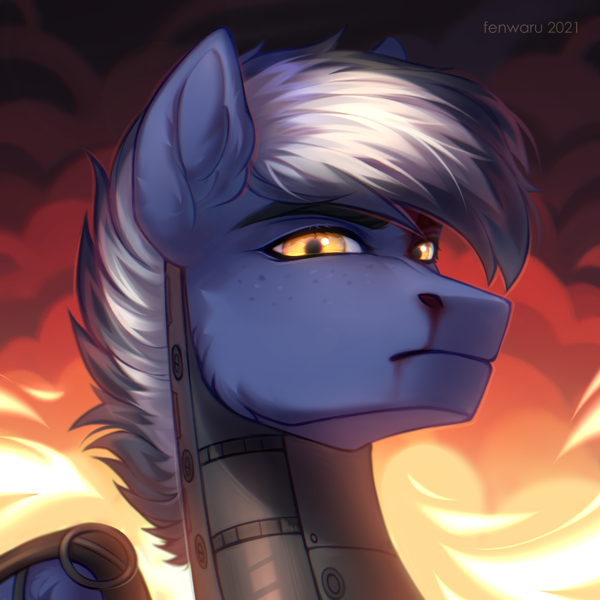 Size: 2000x2000 | Tagged: semi-grimdark, artist:fenwaru, derpibooru import, oc, oc:maverick, oc:squall splitter, pegasus, pony, angry, armor, blood, bust, fire, foe, image, nosebleed, png, portrait, proud, solo