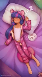 Size: 869x1572 | Tagged: suggestive, alternate version, artist:sugarlesspaints, banned from derpibooru, ponybooru import, twilight sparkle, human, barefoot, bed, blanket, blushing, child, clothes, cookie, cute, dark skin, eyes closed, feet, female, food, horn, horned humanization, humanized, image, lolicon, onesie, onomatopoeia, open mouth, pajamas, pillow, plate, png, sleeping, solo, solo female, sound effects, tanktop, twiabetes, underage, younger, zzz