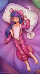 Size: 869x1572 | Tagged: suggestive, alternate version, artist:sugarlesspaints, banned from derpibooru, ponybooru import, twilight sparkle, human, barefoot, bed, blanket, blushing, child, clothes, cookie, cute, eyes closed, feet, female, food, horn, horned humanization, humanized, image, lolicon, onesie, onomatopoeia, open mouth, pajamas, pillow, plate, png, sleeping, solo, solo female, sound effects, tanktop, twiabetes, underage, younger, zzz