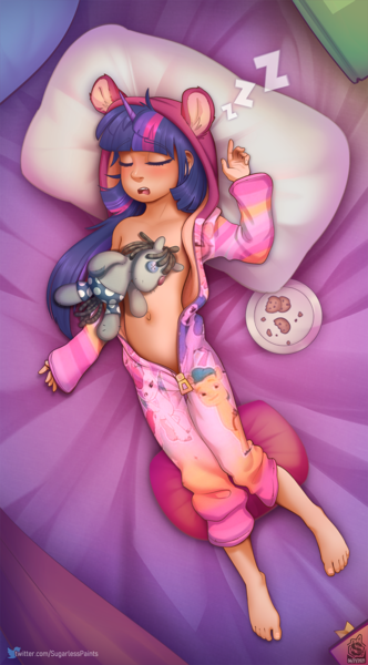 Size: 869x1572 | Tagged: suggestive, alternate version, artist:sugarlesspaints, banned from derpibooru, ponybooru import, smarty pants, twilight sparkle, human, barefoot, bed, blanket, blushing, child, clothes, cookie, cute, eyes closed, feet, female, food, horn, horned humanization, humanized, image, lolicon, onesie, onomatopoeia, open mouth, pajamas, pillow, plate, plushie, png, sleeping, solo, solo female, sound effects, strategically covered, teddy bear, twiabetes, underage, younger, zzz