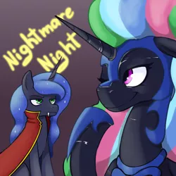 Size: 2480x2480 | Tagged: safe, artist:wild-thunder06, derpibooru import, nightmare moon, princess celestia, princess luna, alicorn, pony, undead, vampire, clothes, costume, fangs, image, latex, latex suit, luna is not amused, mask, masking, nightmare night, one eye closed, png, smiling, unamused, wink