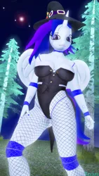 Size: 2160x3840 | Tagged: suggestive, artist:kevhon, derpibooru import, oc, oc:star scratch, alicorn, anthro, 3d, breasts, clothes, commission, female, fishnets, hat, image, leotard, looking at you, night, pine tree, png, solo, solo female, source filmmaker, tree, wings, witch hat, ych result