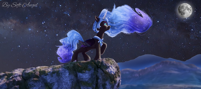 Size: 3557x1570 | Tagged: safe, artist:soft_angel, derpibooru import, edit, edited screencap, screencap, nightmare moon, alicorn, pony, my little pony: a new generation, armor, ethereal mane, female, flowing mane, g4 to g5, g5, helmet, horn, image, jewelry, mare, moon, mountain, night, night sky, png, raised hoof, regalia, sky, stars, wings