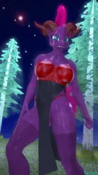 Size: 2160x3840 | Tagged: suggestive, artist:kevhon, derpibooru import, tempest shadow, anthro, demon, unicorn, 3d, breasts, clothes, commission, female, horns, image, looking at you, nail polish, night, panties, pine tree, png, skirt, socks, solo, solo female, source filmmaker, stockings, thigh highs, top, tree, underwear, ych result