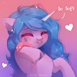 Size: 2000x2000 | Tagged: safe, artist:belkasweet, derpibooru import, izzy moonbow, pony, unicorn, my little pony: a new generation, chest fluff, cute, eyes closed, fluffy worm, g5, gradient background, image, open mouth, png, simple background, toy