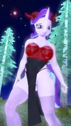 Size: 2160x3840 | Tagged: suggestive, artist:kevhon, derpibooru import, starlight glimmer, anthro, demon, unicorn, 3d, breasts, clothes, commission, female, horns, image, looking at you, nail polish, night, panties, pine tree, png, skirt, socks, solo, solo female, source filmmaker, stockings, thigh highs, top, tree, underwear, ych result