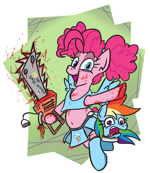 Size: 544x626 | Tagged: semi-grimdark, artist:jargon scott, derpibooru import, pinkie pie, rainbow dash, earth pony, pegasus, pony, cupcakes hd, fanfic:cupcakes, bipedal, blood, chainsaw, clothes, decapitated, disembodied head, female, halloween, holiday, image, lollipop chainsaw, mare, pinktails pie, png, screaming, skirt