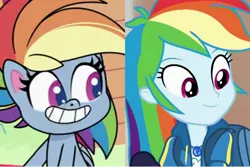 Size: 2289x1526 | Tagged: safe, derpibooru import, rainbow dash, equestria girls, equestria girls series, my little pony: pony life, run to break free, spoiler:eqg series (season 2), spoiler:pony life s02e21, comparison, grin, image, jpeg, playwright or wrong, same energy, smiling