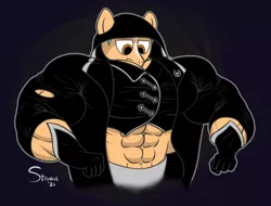Size: 1280x973 | Tagged: suggestive, artist:urkel, derpibooru import, hitch trailblazer, anthro, earth pony, pony, :t, abs, annoyed, cloak, clothes, costume, fetish, g5, hooded cloak, image, jpeg, male, muscle fetish, muscles, muscular male, overdeveloped muscles, shredded hitch, simple background, solo, solo male, stallion, tight clothing, too ripped for tops, torn clothes, unamused, vest, wardrobe malfunction, warlock