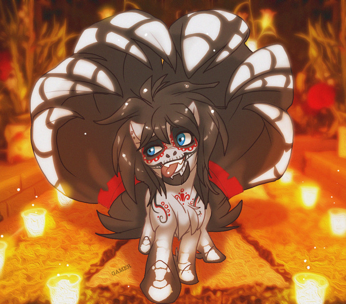 Size: 1000x878 | Tagged: safe, artist:thegamercolt, derpibooru import, oc, oc:thegamercolt, earth pony, pony, bone, candle, chest fluff, clothes, costume, dia de los muertos, fluffy, fluffy tail, halloween, halloween costume, holiday, humogus tail, image, jpeg, paint, solo, tail, tongue out