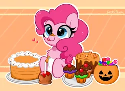Size: 4096x2989 | Tagged: safe, artist:kittyrosie, derpibooru import, pinkie pie, earth pony, pony, blushing, cake, candy, chest fluff, chocolate, cookie, cute, diapinkes, ear fluff, floating heart, food, halloween, heart, heart eyes, high res, holiday, icing bag, icing on nose, image, png, pumpkin bucket, redraw, solo, tongue out, wingding eyes