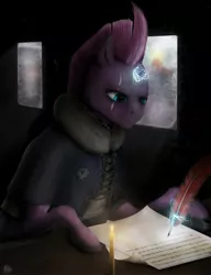 Size: 2500x3250 | Tagged: safe, artist:adept_fluttershy, derpibooru import, tempest shadow, ponified, pony, unicorn, broken horn, clothes, crossover, dark, eye scar, female, flag, frostpunk, glass, horn, ice, image, jpeg, mare, no armor, order, pen, post-apocalyptic, scar, snow, solo, winter, winter clothes