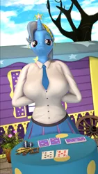 Size: 2160x3840 | Tagged: safe, artist:silkworm205, derpibooru import, trixie, anthro, unicorn, 3d, big breasts, big crown thingy, blackjack, breasts, cheating, clothes, deck of cards, dress shirt, element of magic, hands behind back, image, jewelry, key, looking at you, necktie, png, poker chips, regalia, revamped anthros, skirt, smug, source filmmaker, trixie day, trixie's wagon, wagon, wheel