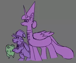 Size: 1566x1292 | Tagged: safe, artist:tezzbot, derpibooru import, spike, twilight sparkle, twilight sparkle (alicorn), alicorn, dragon, frog, pony, clothes, costume, duo, female, gray background, halloween, halloween costume, holiday, image, male, mare, over the garden wall, png, simple background, winged spike, wings