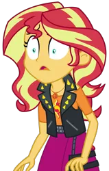 Size: 1853x2919 | Tagged: safe, artist:sketchmcreations, derpibooru import, sunset shimmer, cheer you on, equestria girls, equestria girls series, spoiler:eqg series (season 2), clothes, female, frown, geode of empathy, image, jacket, leather jacket, magical geodes, open mouth, png, shocked, shrunken pupils, simple background, skirt, transparent background, vector