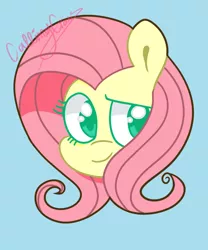 Size: 800x960 | Tagged: safe, artist:callingcrows, derpibooru import, fluttershy, blue background, bust, colored pupils, cute, head only, image, png, portrait, shyabetes, simple background, solo