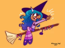Size: 1132x832 | Tagged: safe, artist:opossum-stuff, derpibooru import, izzy moonbow, human, broom, clothes, cute, dreamcatcher, ear piercing, earring, female, flying, flying broomstick, g5, halloween, hat, heart, holiday, horn, horned humanization, humanized, image, izzybetes, jewelry, jpeg, open mouth, orange background, piercing, simple background, sitting, socks, solo, striped socks, witch, witch hat