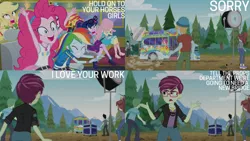 Size: 1280x720 | Tagged: safe, derpibooru import, edit, edited screencap, editor:quoterific, screencap, applejack, fluttershy, pinkie pie, rainbow dash, rarity, sci-twi, sunset shimmer, twilight sparkle, equestria girls, equestria girls series, road trippin, bowtie, clothes, cutie mark, cutie mark on clothes, eyes closed, female, geode of fauna, geode of sugar bombs, geode of super strength, glasses, hoodie, humane five, humane seven, humane six, image, jacket, jewelry, leather, leather jacket, magical geodes, male, necklace, open mouth, png, ponytail, rarity peplum dress, school bus, tanktop