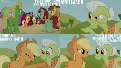 Size: 1280x720 | Tagged: safe, derpibooru import, edit, edited screencap, editor:quoterific, screencap, apple bloom, applejack, braeburn, candy apples, granny smith, red gala, wensley, earth pony, pony, apple family reunion, season 3, apple bloom's bow, apple family member, applejack's hat, bow, cowboy hat, female, filly, floppy ears, hair bow, hat, image, jpeg, male, mare, one eye closed, open mouth, open smile, smiling, stallion, wink