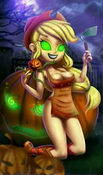 Size: 3581x6062 | Tagged: suggestive, artist:14-bis, derpibooru import, applejack, equestria girls, absurd resolution, apron, breasts, cleavage, clothes, female, halloween, holiday, hypnosis, hypnotized, image, jpeg, monster, naked apron, pumpkin, story in the source, swirly eyes