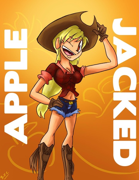Size: 1248x1614 | Tagged: safe, artist:brandon santiago, derpibooru import, applejack, human, boots, breasts, busty applejack, cleavage, clothes, denim shorts, female, humanized, image, jpeg, one eye closed, open mouth, shoes, shorts, solo, text, wink