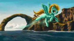 Size: 4000x2250 | Tagged: safe, artist:flusanix, derpibooru import, lightning dust, pegasus, pony, female, flying, high res, image, mare, natural bridge, png, solo