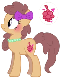 Size: 1280x1624 | Tagged: safe, artist:venomous-cookietwt, derpibooru import, oc, unofficial characters only, earth pony, pony, bow, earth pony oc, female, full body, hair bow, image, jewelry, mare, necklace, offspring, parent:berry punch, parent:caramel, pearl necklace, png, purple eyes, show accurate, side view, simple background, smiling, solo, standing, tail, transparent background