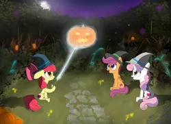Size: 4000x2900 | Tagged: safe, artist:_rynn, derpibooru import, apple bloom, scootaloo, sweetie belle, earth pony, pegasus, pony, unicorn, reflections, spoiler:comic, background, clothes, comet, cutie mark crusaders, ear fluff, everfree forest, flower, halloween, hat, holiday, image, jack-o-lantern, light, magic, magic aura, magic wand, moon, night, png, pumpkin, road, rock, shadows, wand