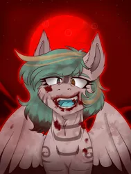 Size: 1666x2198 | Tagged: semi-grimdark, artist:rokosmith26, derpibooru import, oc, oc:rokosmith, unofficial characters only, pegasus, pony, blood, blood stains, complex background, crazy smile, ear fluff, facing you, female, halloween, heterochromia, holiday, image, looking at you, mare, markings, open mouth, pegasus oc, png, solo, spread wings, standing, wings