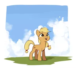 Size: 1280x1156 | Tagged: safe, artist:ddenver, derpibooru import, applejack, earth pony, pony, cloud, female, hatless, image, jpeg, looking up, missing accessory, sky, solo