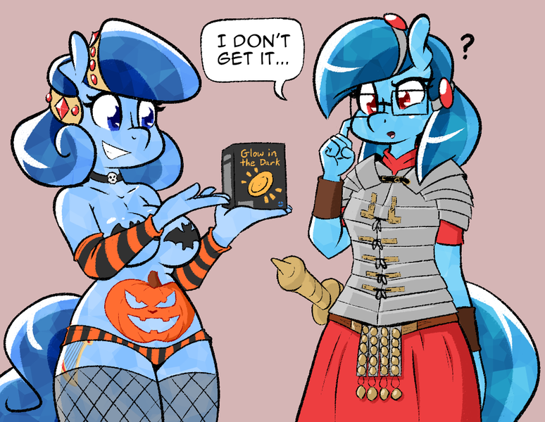 Size: 1092x846 | Tagged: questionable, artist:whatsapokemon, derpibooru import, oc, oc:heart song, oc:historia, anthro, crystal pony, anthro oc, clothes, condoms, costume, female, glasses, halloween, holiday, image, jack-o-lantern, legionary, pasties, png, pumpkin, sword, weapon